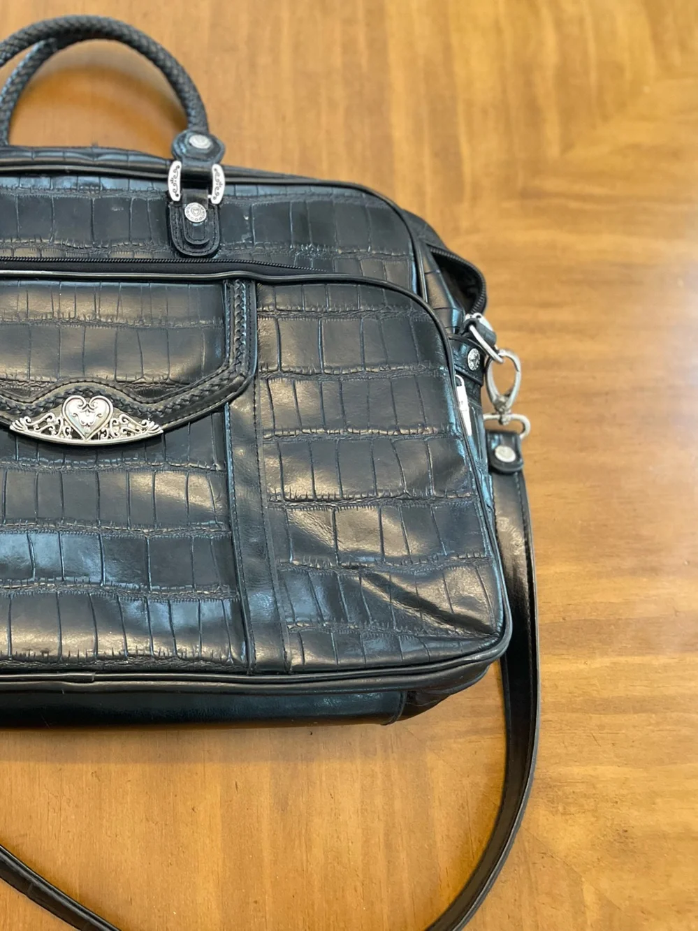 Black Croc-Embossed Leather Briefcase Bag with silver hardware